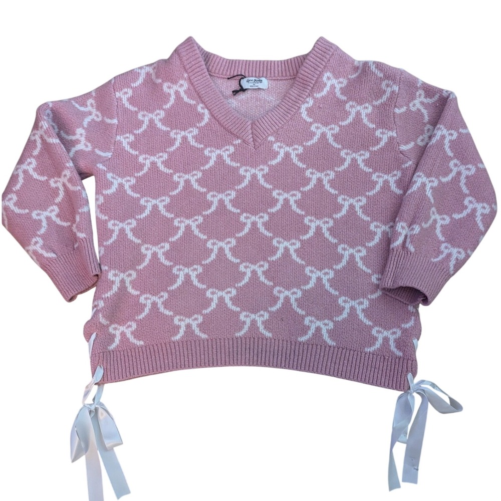 Love Knits by Sweater Dept NYC Pink Bow Pattern Lace Up V-Neck Sweater 1X